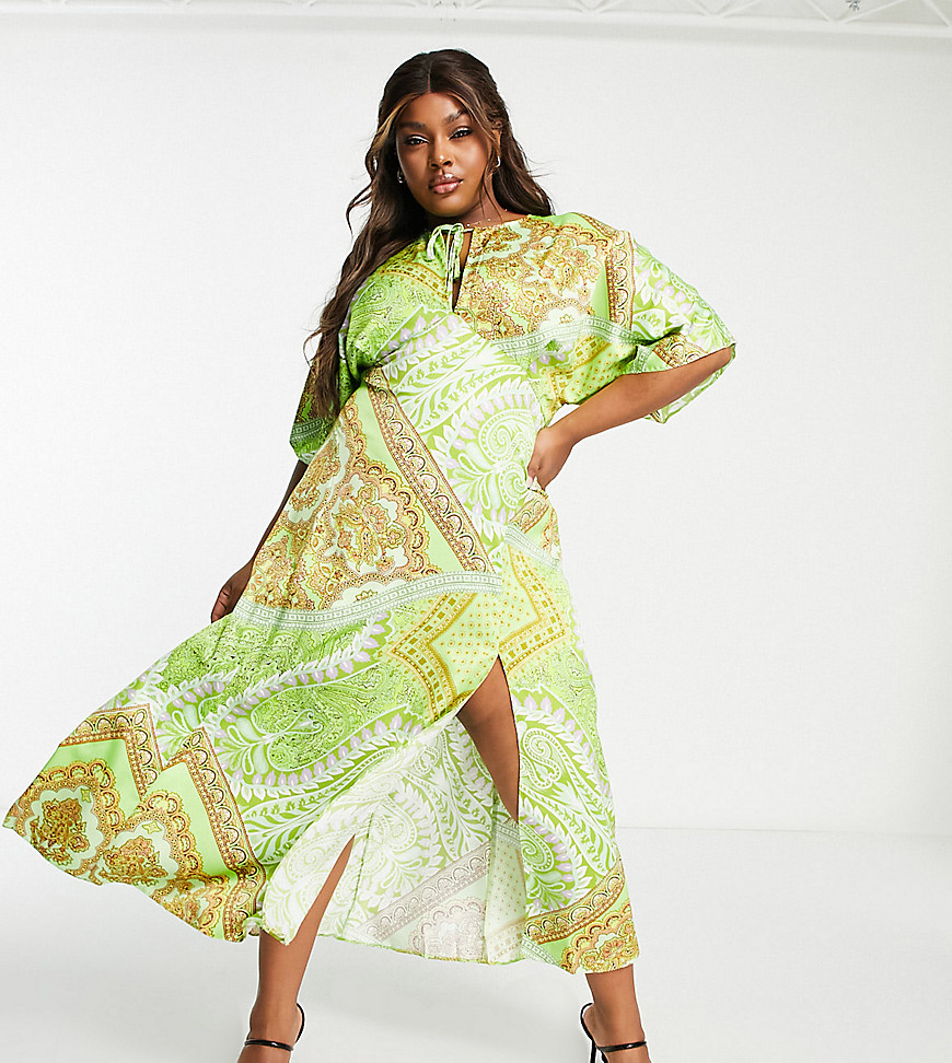 ASOS DESIGN Curve panelled satin midi dress with keyhole in green scarf print-Multi