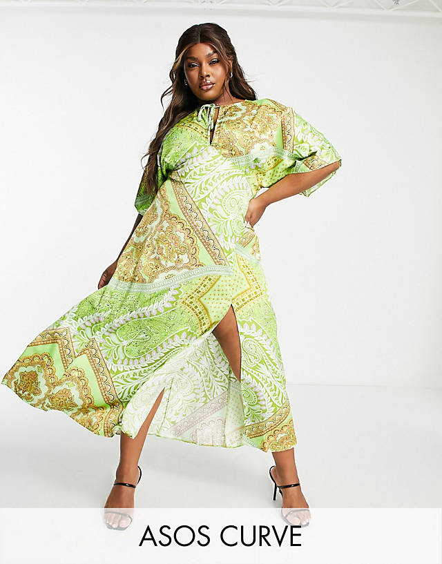 ASOS Curve - ASOS DESIGN Curve panelled satin midi dress with keyhole in green scarf print