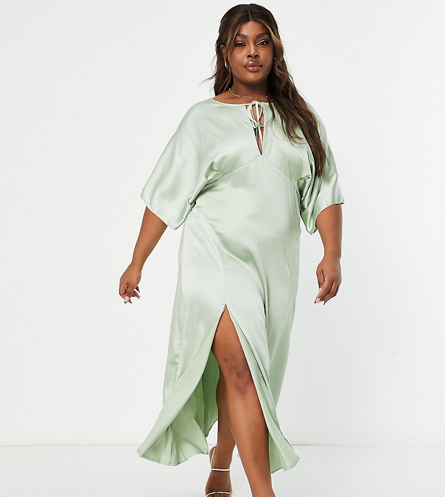 ASOS DESIGN Curve panelled satin midi dress with keyhole in sage green