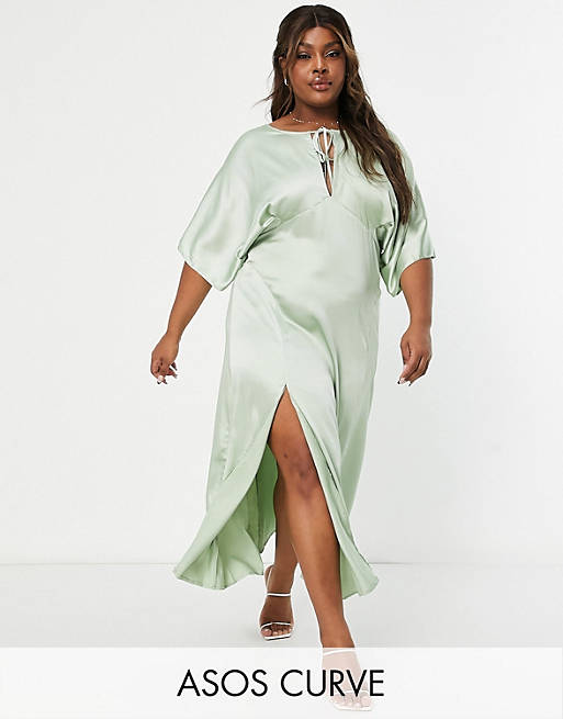 ASOS DESIGN Curve panelled satin midi dress with keyhole in sage green ...