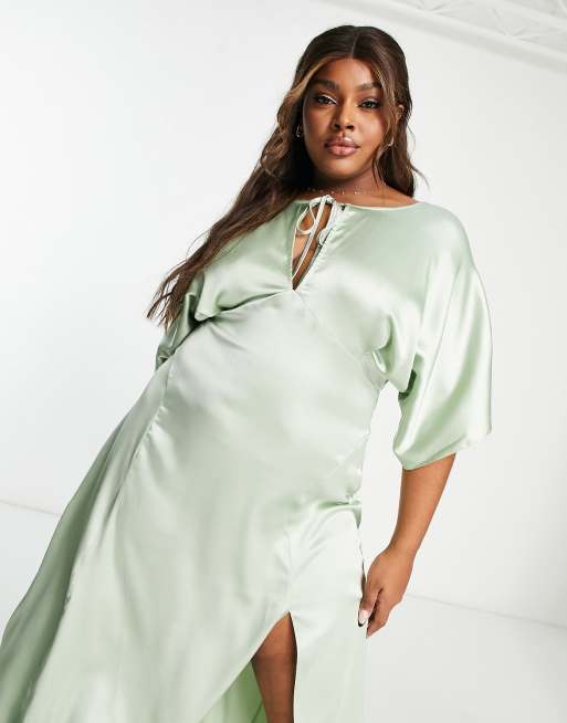 ASOS DESIGN Curve panelled satin midi dress with keyhole in sage green, 2 of 4