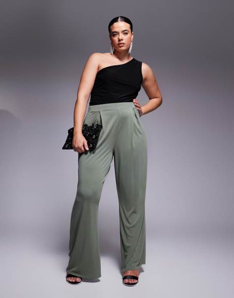 ASOS DESIGN Curve - Pantalon à pinces ample en tissu doux - Kaki - view 1