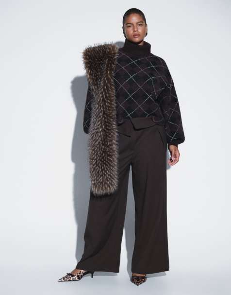 ASOS DESIGN Curve pantalon ajusté à taille rabattable à rayures chocolat - view 1
