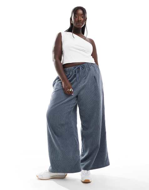 ASOS DESIGN Curve - Pantalon ample à enfiler en velours côtelé - Bleu - view 1