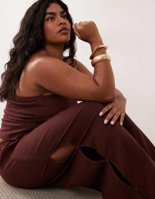ASOS DESIGN Curve - Pantalon ample en coton effet froissé - Chocolat, 4 de 5