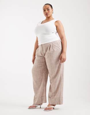 Curve - Pantalon ample habillé à revers en lin mélangé à rayures-Multicolore 48