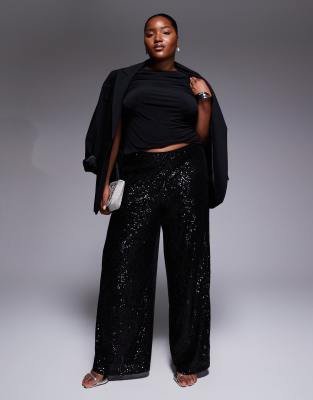 ASOS DESIGN Curve - Pantalon ample orné de sequins sur l'ensemble - Noir 54