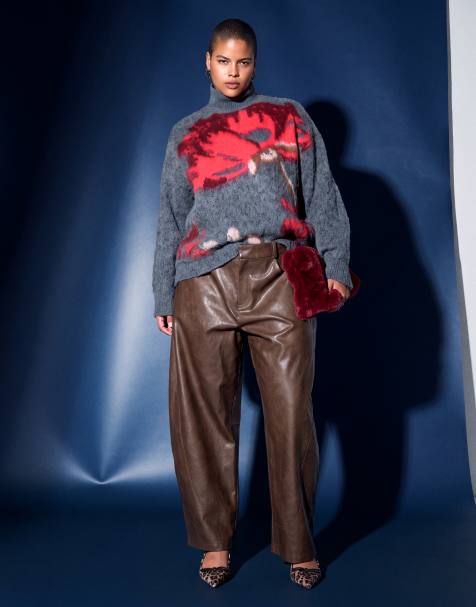 ASOS DESIGN Curve pantalon barrel tailleur en imitation cuir marron clair - view 1