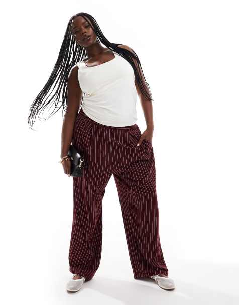 ASOS DESIGN Curve - Pantalon basique rayé à enfiler - Bordeaux - view 1