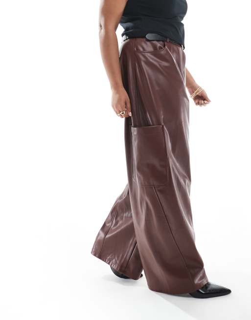 ASOS DESIGN Curve - Pantalon bouffant fonctionnel en similicuir - Châtaigne, 2 de 5