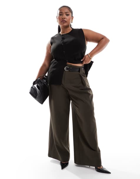 ASOS DESIGN Curve - Pantalon ceinturé habillé ultra ample - Olive - view 1