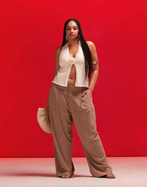 ASOS DESIGN Curve - Pantalon dad ample en lin mélangé rayé - Taupe 
