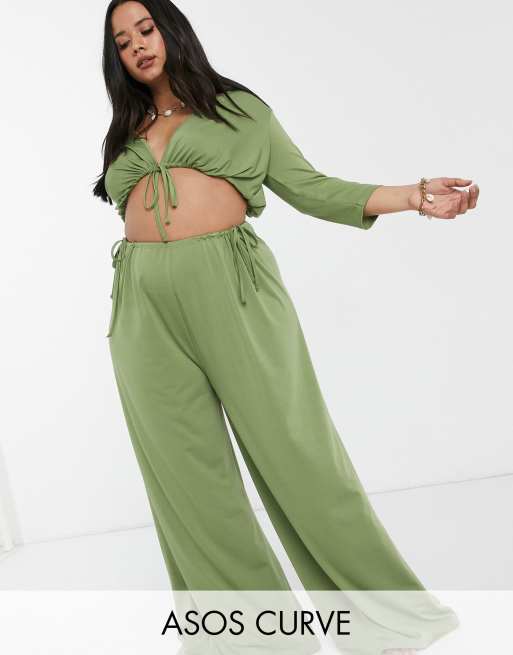 ASOS DESIGN Curve - Ensemble de plage noué devant en jersey près du corps - Kaki, 3 de 3