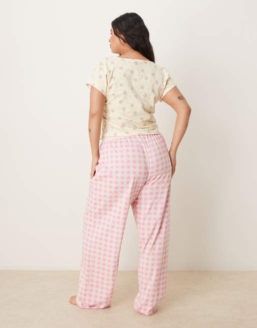 ASOS DESIGN Curve - Pantalon de pyjama à assortir avec taille apparente et carreaux vichy - Rose, 2 de 4