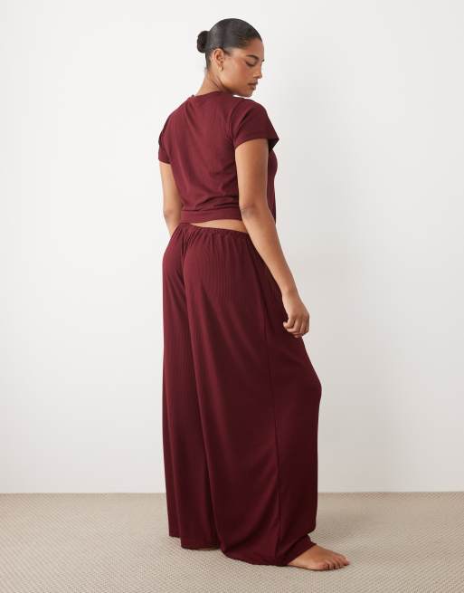 ASOS DESIGN Curve pantalon de pyjama large côtelé à assortir en bordeaux, 2 de 4