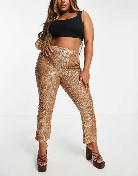 ASOS DESIGN Curve - Pantalon de tailleur évasé en jersey à sequins - Or rose - view 1