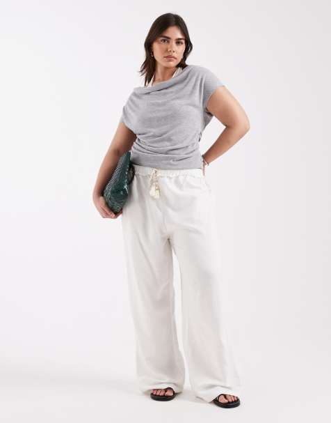 ASOS DESIGN Curve - Pantalon d'ensemble ample avec empiècement en maille au crochet et liens à pampilles - Ivoire - view 1