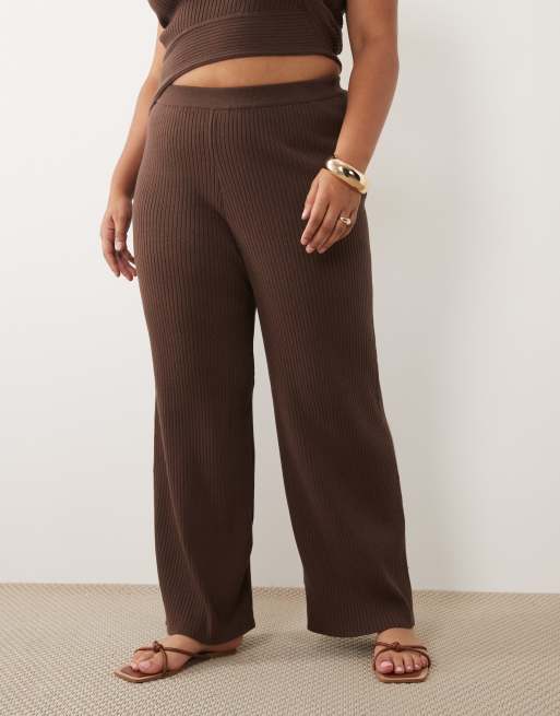 ASOS DESIGN Curve - Pantalon droit d'ensemble en maille côtelée - Chocolat, 4 de 5