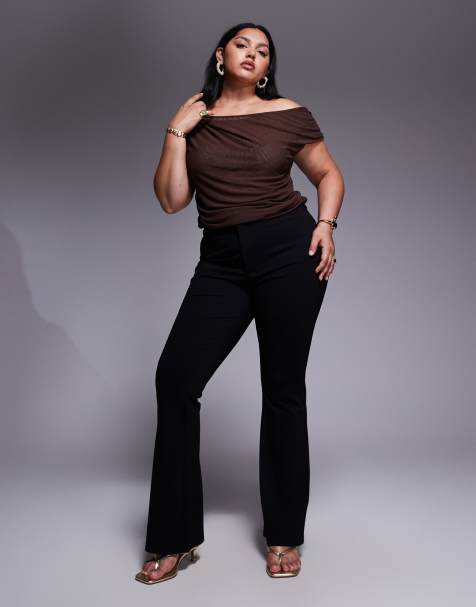 ASOS DESIGN Curve - Pantalon évasé en maille point de Rome de qualité supérieure avec taille ajustée - Noir - view 1
