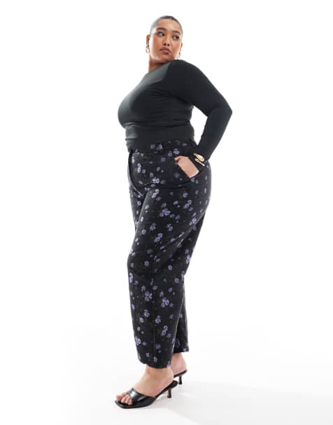 ASOS DESIGN Curve - Pantalon habillé coupe arquée en jacquard à fleurs - Noir - view 1