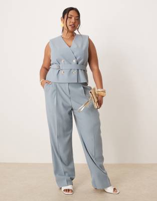 ASOS DESIGN Curve - Pantalon habillé d'ensemble aspect lin avec boutons dorés - Bleu