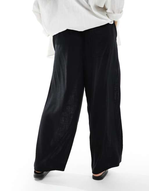 ASOS DESIGN Curve - Pantalon large à enfiler en lin mélangé - Noir, 4 de 5