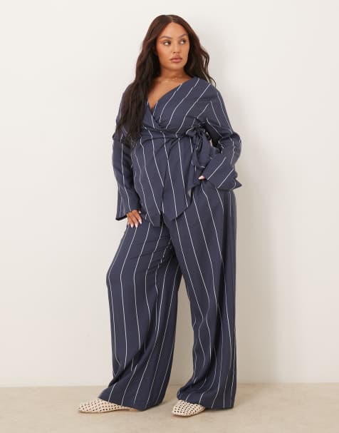 ASOS DESIGN Curve - Pantalon large d'ensemble à rayures - Bleu - view 1