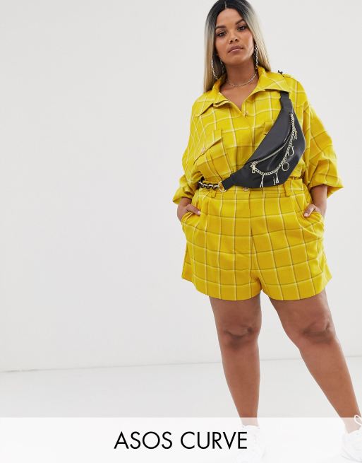 ASOS DESIGN Curve - Abito con giacca camicia e pantaloncini giallo a quadri, 3 di 3