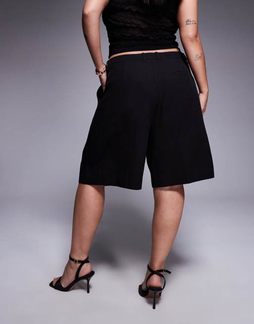 ASOS DESIGN Curve - Pantaloncini da città taglio lungo effetto lino neri sartoriali, 4 di 5