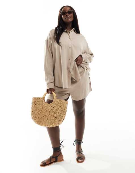 ASOS DESIGN Curve - Pantaloncini in misto lino color sabbia in coordinato - view 1