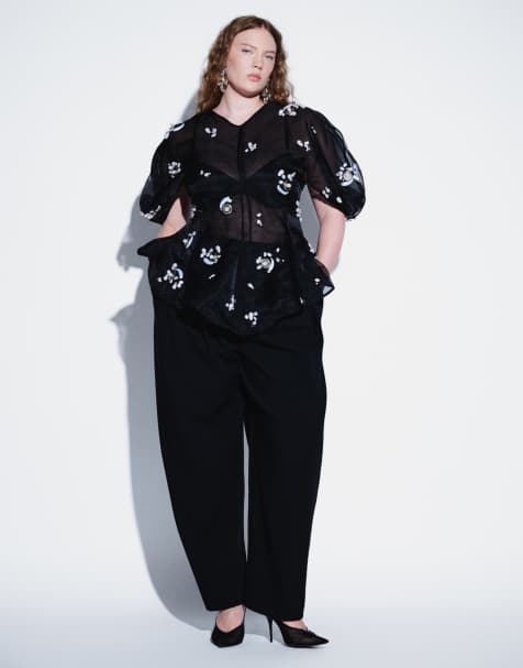 ASOS DESIGN Curve pantalones barrel de sastre con cinturilla ancha y detalle de pinzas en negro - view 1