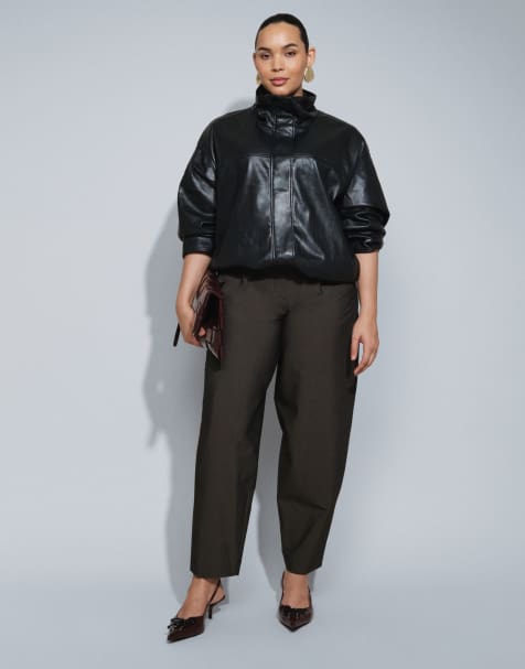 ASOS DESIGN Curve - pantalones barrel de sastre con cinturón en marrón satinado - view 1