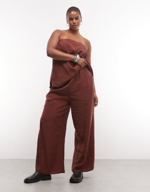 ASOS DESIGN Curve - Top marrón chocolate de top con escote palabra de honor y pantalones de pernera ancha sin cierres con abertura, 3 de 3