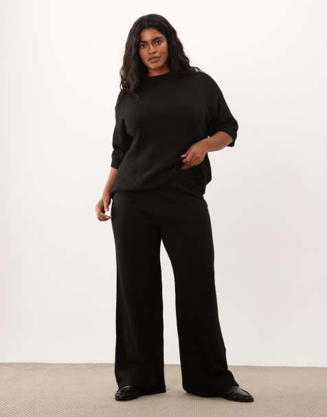 ASOS DESIGN Curve - Pantalones negros de pernera ancha de tejido con lana (parte de un conjunto) - view 1
