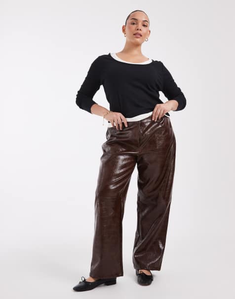 ASOS DESIGN Curve pantalones rectos entallados de piel sintética en estampado cocodrilo tostado - view 1