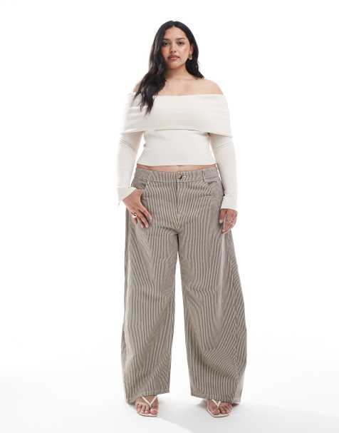ASOS DESIGN Curve - Pantaloni a cavallo basso marrone a righe con linguetta in vita - view 1