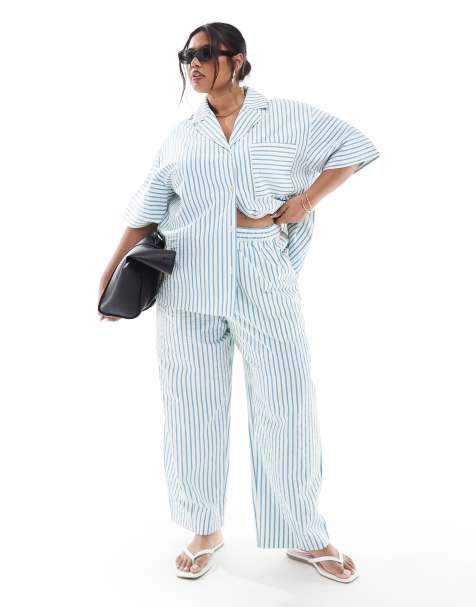 ASOS DESIGN Curve - Pantaloni a cilindro in seersucker blu a righe in coordinato - view 1