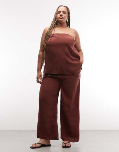 ASOS DESIGN Curve - Pantaloni a fondo ampio color cioccolato con spacco - view 1