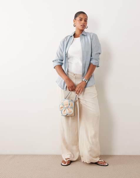 ASOS DESIGN Curve - Pantaloni a fondo ampio in misto lino tonalità naturale con pieghe - view 1