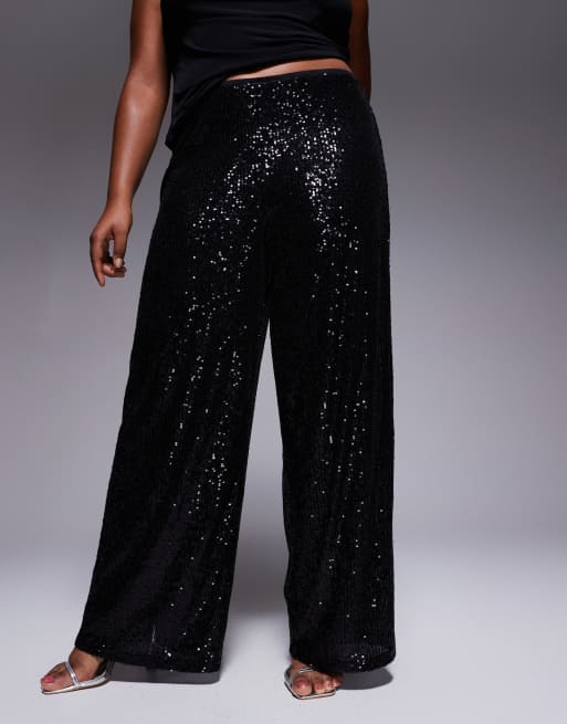 ASOS DESIGN Curve - Pantaloni a fondo ampio neri con paillettes, 2 di 5