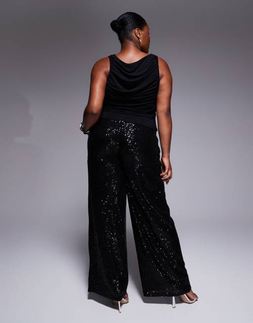 ASOS DESIGN Curve - Pantaloni a fondo ampio neri con paillettes, 3 di 5