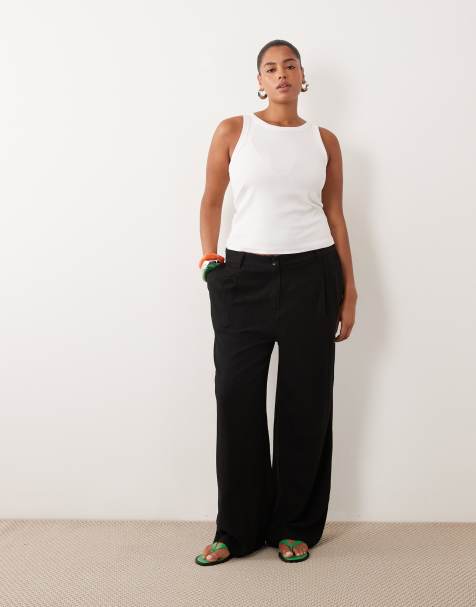 ASOS DESIGN Curve - Pantaloni a fondo ampio neri in misto lino con pieghe - view 1