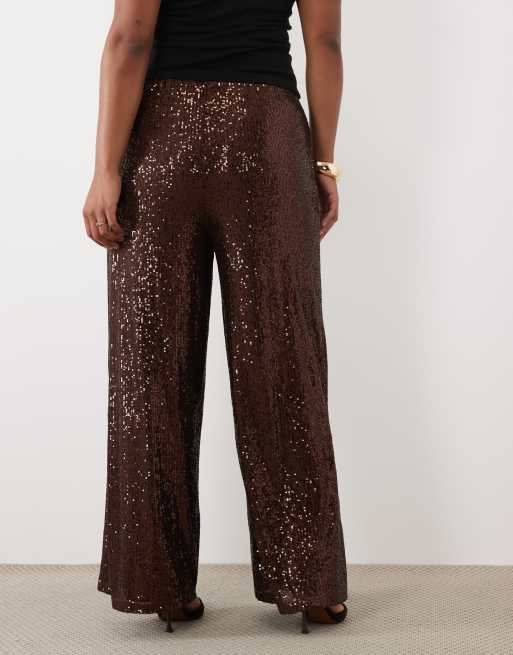 ASOS DESIGN Curve pantaloni a gamba larga con paillettes in cioccolato, 5 di 5