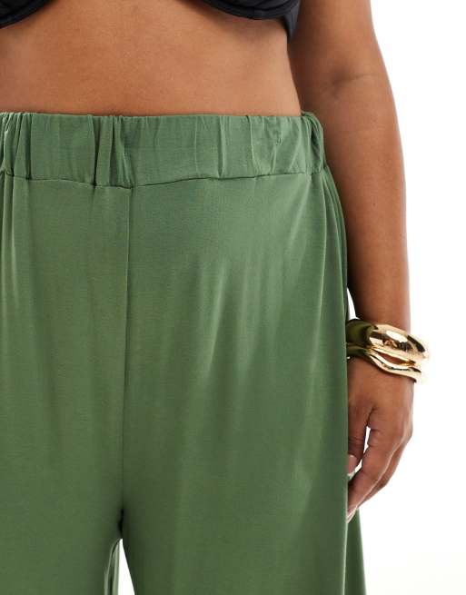 ASOS DESIGN Curve - Pantaloni a palazzo da mare in jersey kaki, 4 di 5