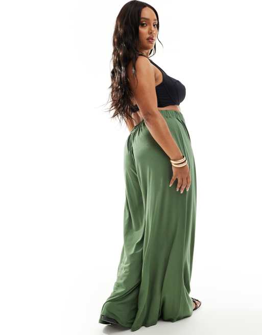 ASOS DESIGN Curve - Pantaloni a palazzo da mare in jersey kaki, 5 di 5