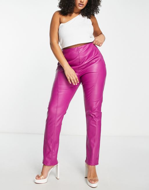 ASOS DESIGN Curve - Pantaloni a sigaretta in pelle sintetica color mora con cuciture a vista