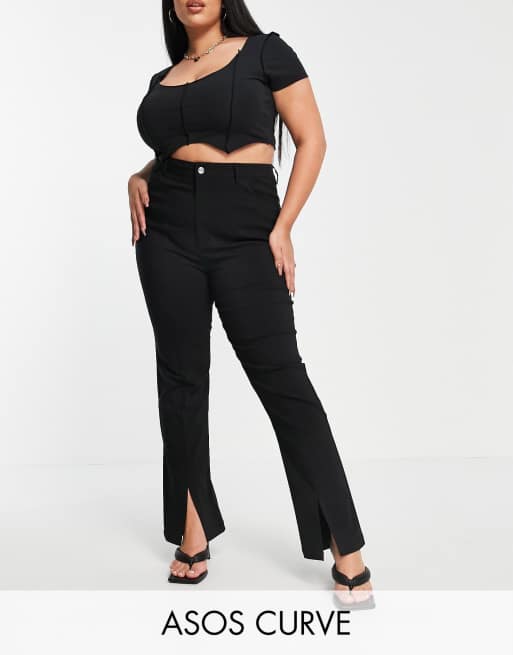 ASOS DESIGN Curve - Pantaloni a vita alta elasticizzati con spacco sul fondo colore nero