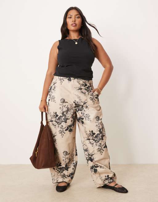 ASOS DESIGN Curve - Pantaloni color tortora con stampa a fiori e gamba cilindrica