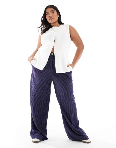 ASOS DESIGN Curve - Pantaloni comodi dritti blu navy a righe in misto lino - view 1