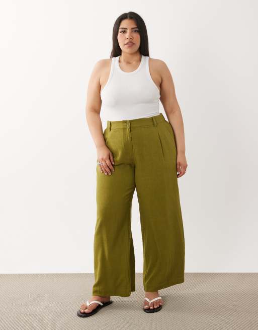 ASOS DESIGN Curve - Pantaloni comodi dritti verdi in misto lino, 2 di 5